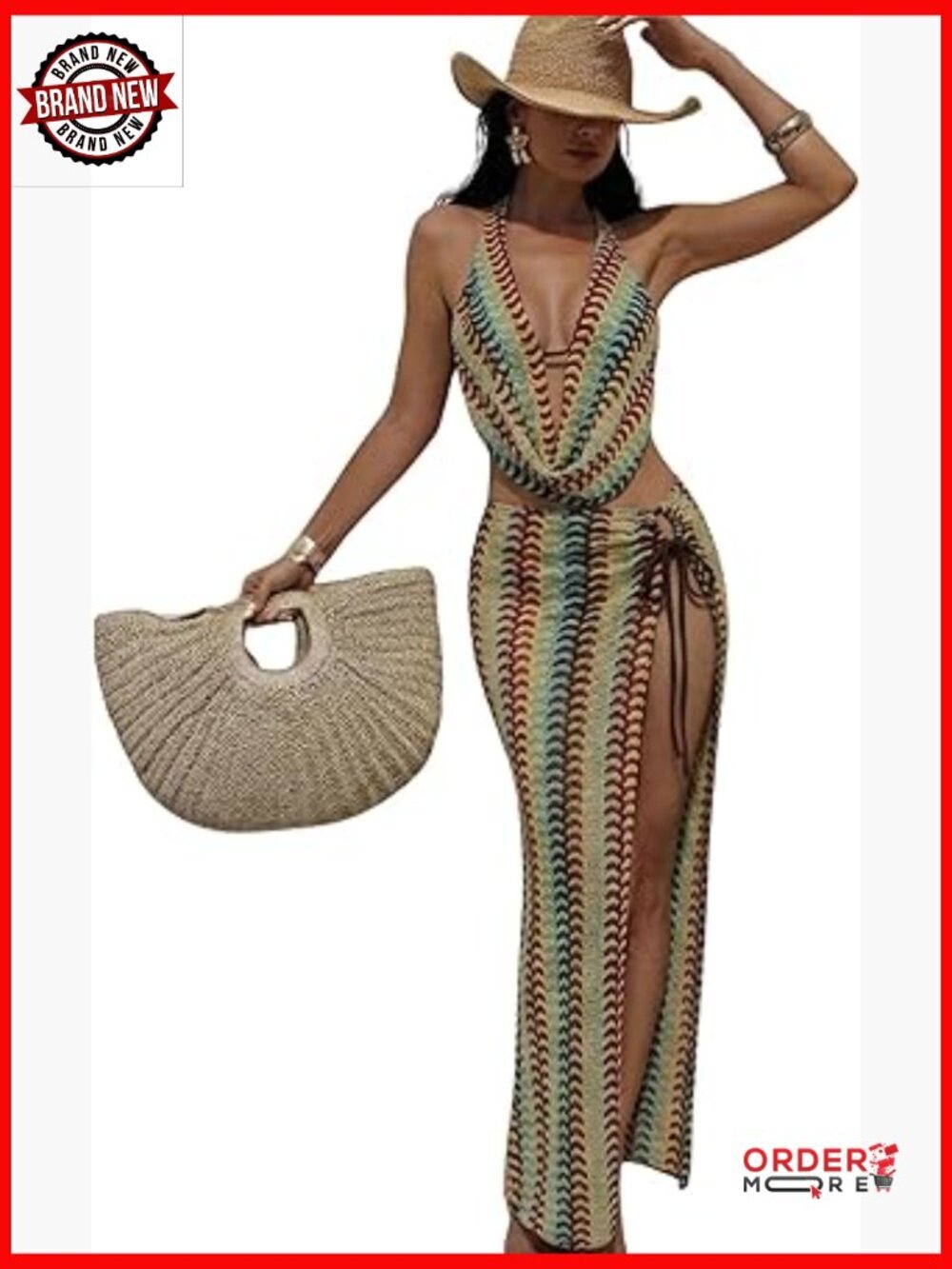 3 Piece Boho Chevron Halter Bikini Set with Cover Up Skirt